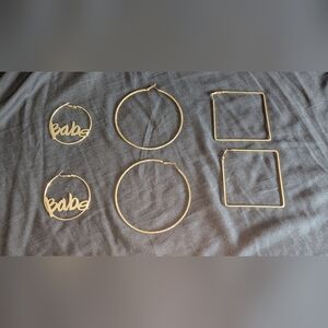 3 Pk, Yellow Gold Colored, Round, Square, Round "Babe"Hoop Earrings In A Bag